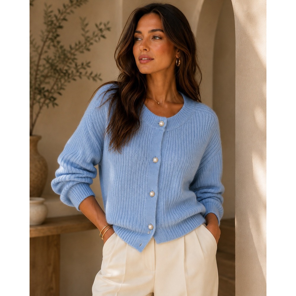 Commense Light Blue Oversized Pearl Button Crew Neck Cardigan Womens Size M